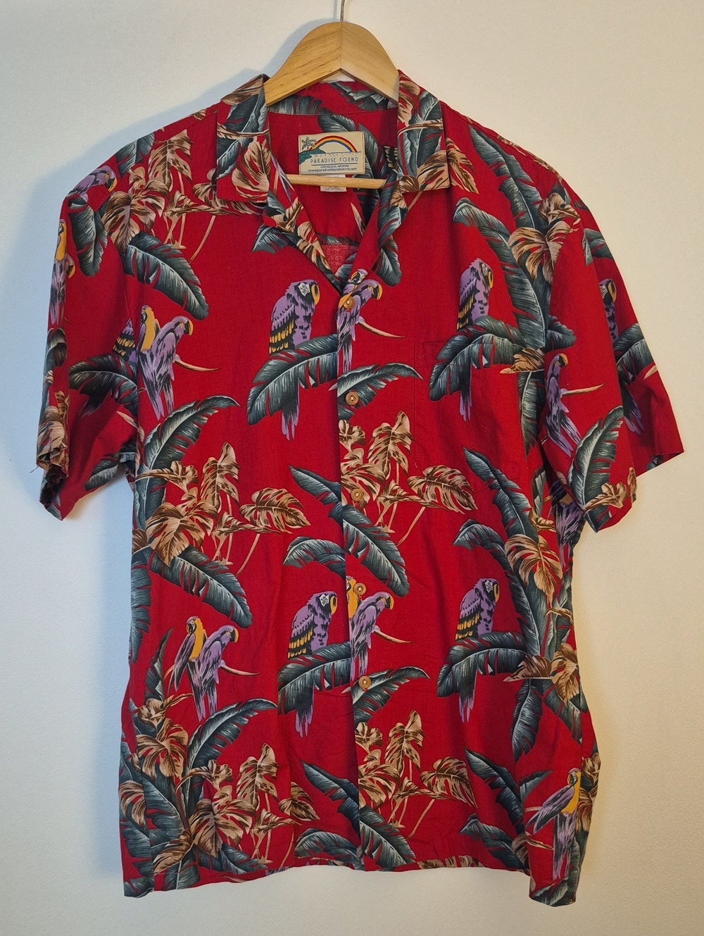Paradise Found Honolulu Hawaiian Shirt L Cotton Red Parrot Palm Leaf Aloha - Picture 2 of 6